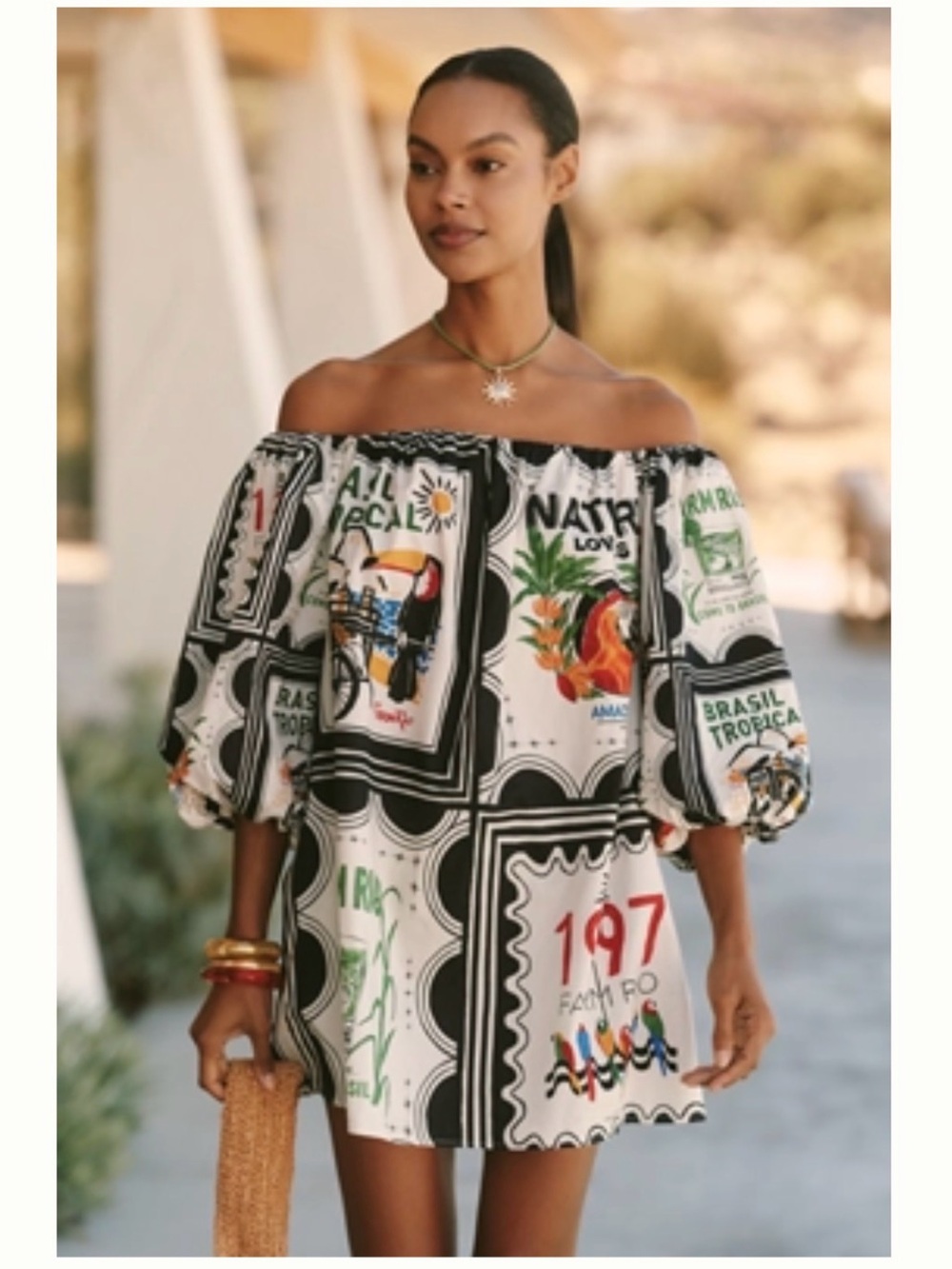 FARM RIO X ANTHROPOLOGIE Off Shoulder Mini Dress Black & White w Color Accents